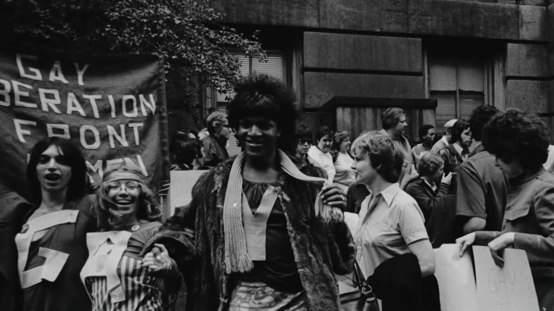 Marsha P. Johnson protesting outside City Hall with the group Gay Liberation Front in New York City.
