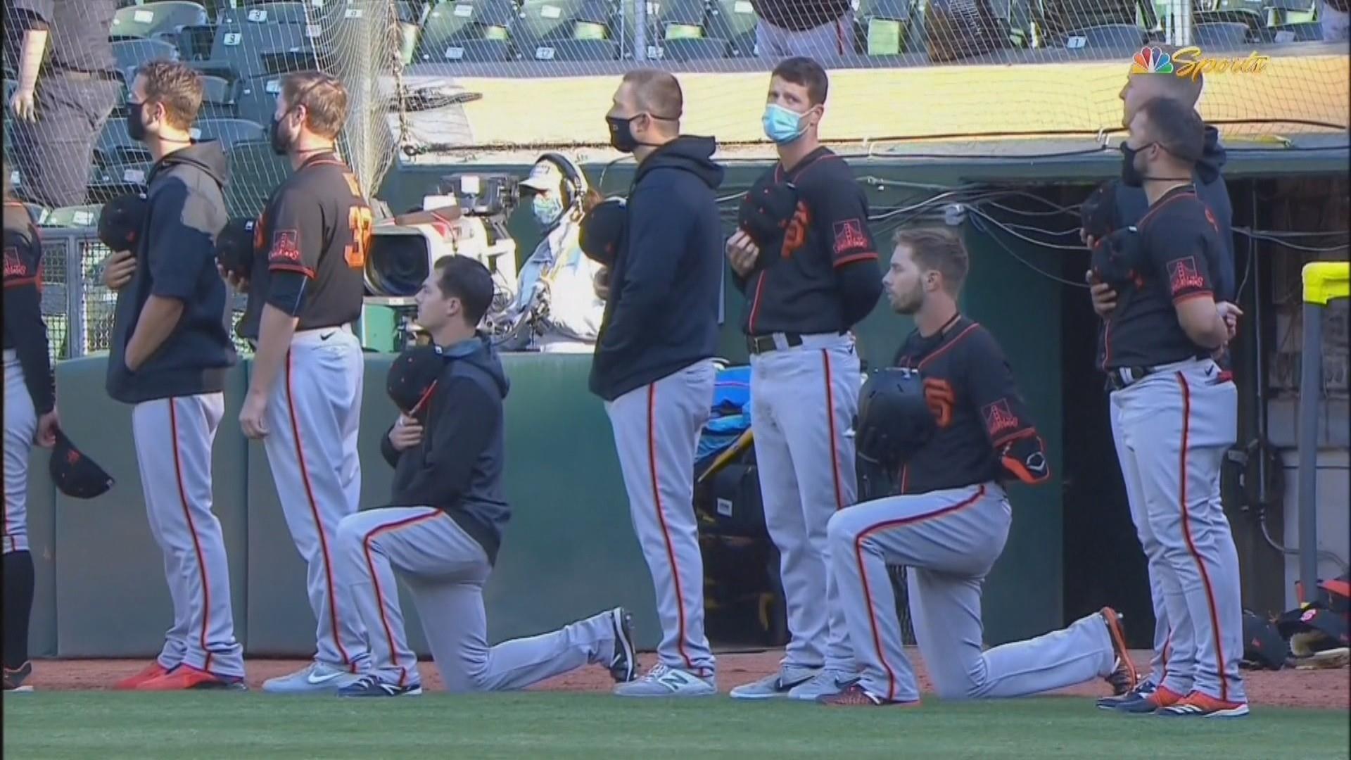 San Francisco Giants Manager Several Team Members Take A Knee During National Anthem